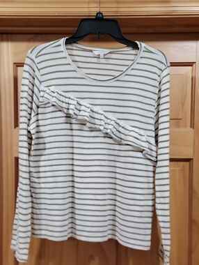 Lucky Brand Cream Long-Sleeve Striped Ruffle Top